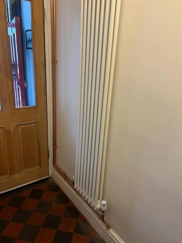 Vertical column radiator installation beside front door in hallway