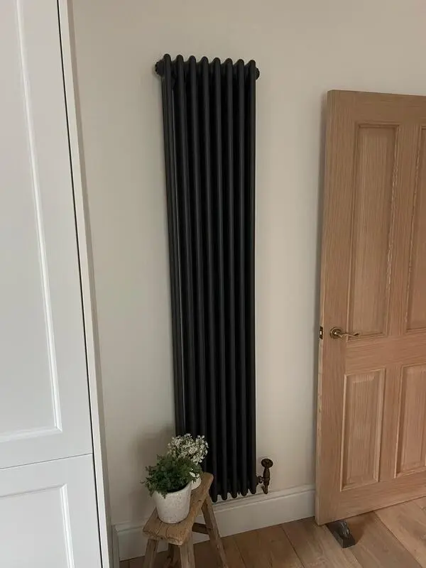 Anthracite vertical column radiator installed in hallway beside door